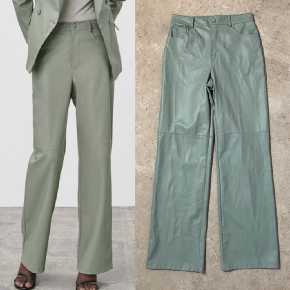 Zara Pants Women’s Medium Green Vegan Leather High Rise Straight Leg Zip Fly